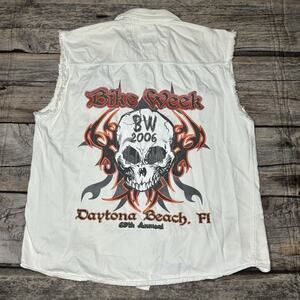 VTG Biker Design White Denim Sleeveless Bike Week 2006 Daytona Beach Mens Large
